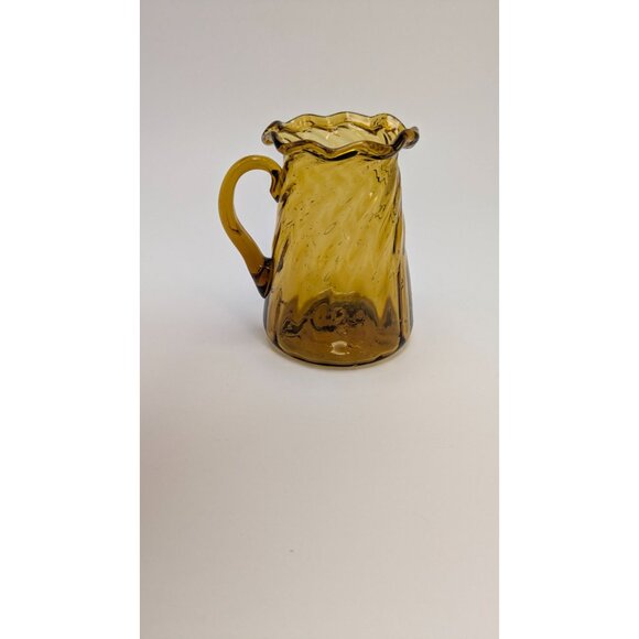 Amber Glass Pitcher Swirled Design Ruffled Rim Vintage - Picture 5 of 13